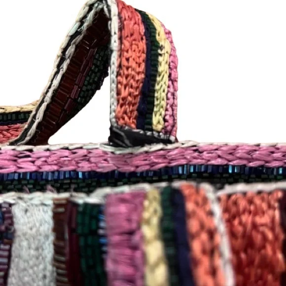 Vintage Multi-Colored Striped Raffia & Seed Beads Purse | Short Fabric Handles - Picture 6 of 7
